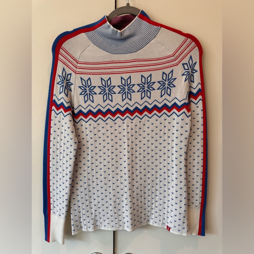 Krimson Klover Cream Mockneck Sweater with Blue & Red Nordic Motif